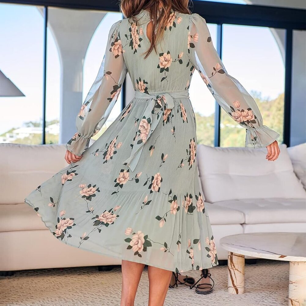 Women's Floral Chiffon Midi Dress Puff Long Sleeve Mock Neck Summer Wedding Gues - Picture 3 of 5